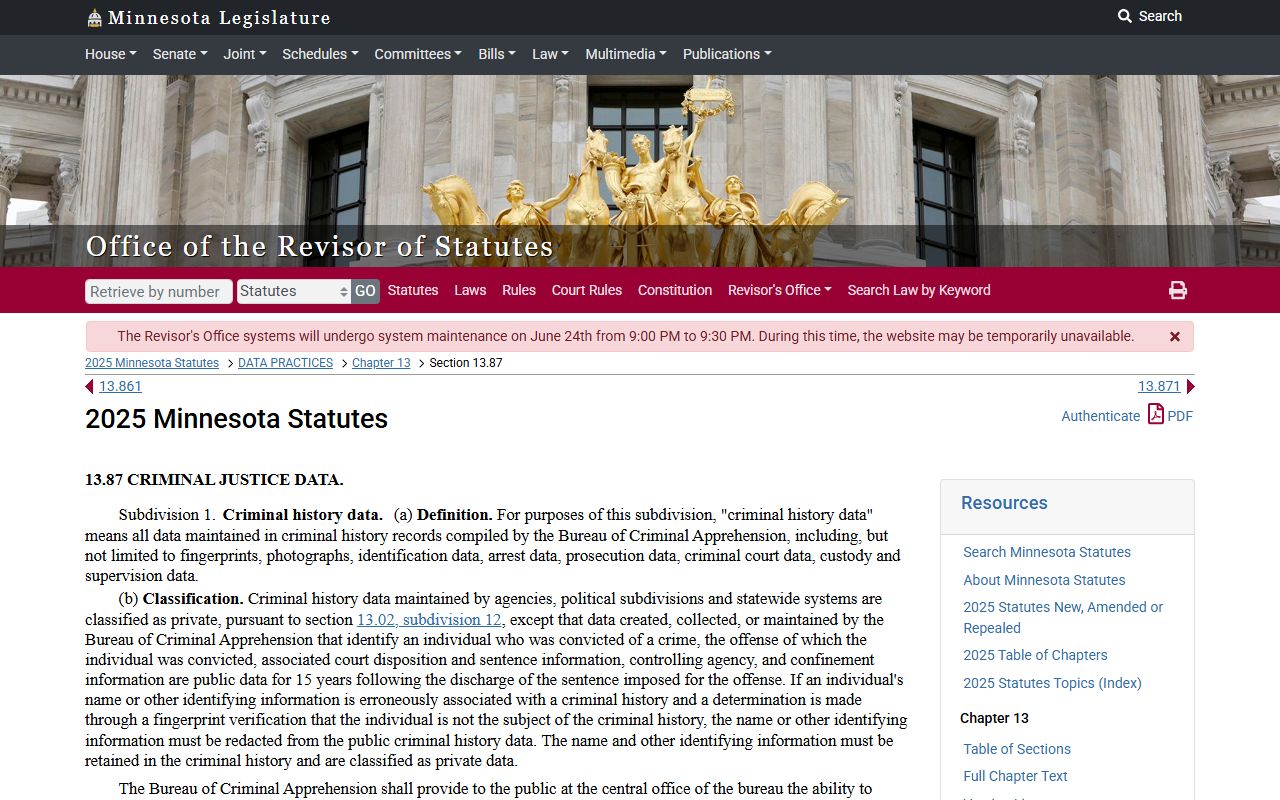 Minnesota Statute section 13.87 context for criminal justice data handling