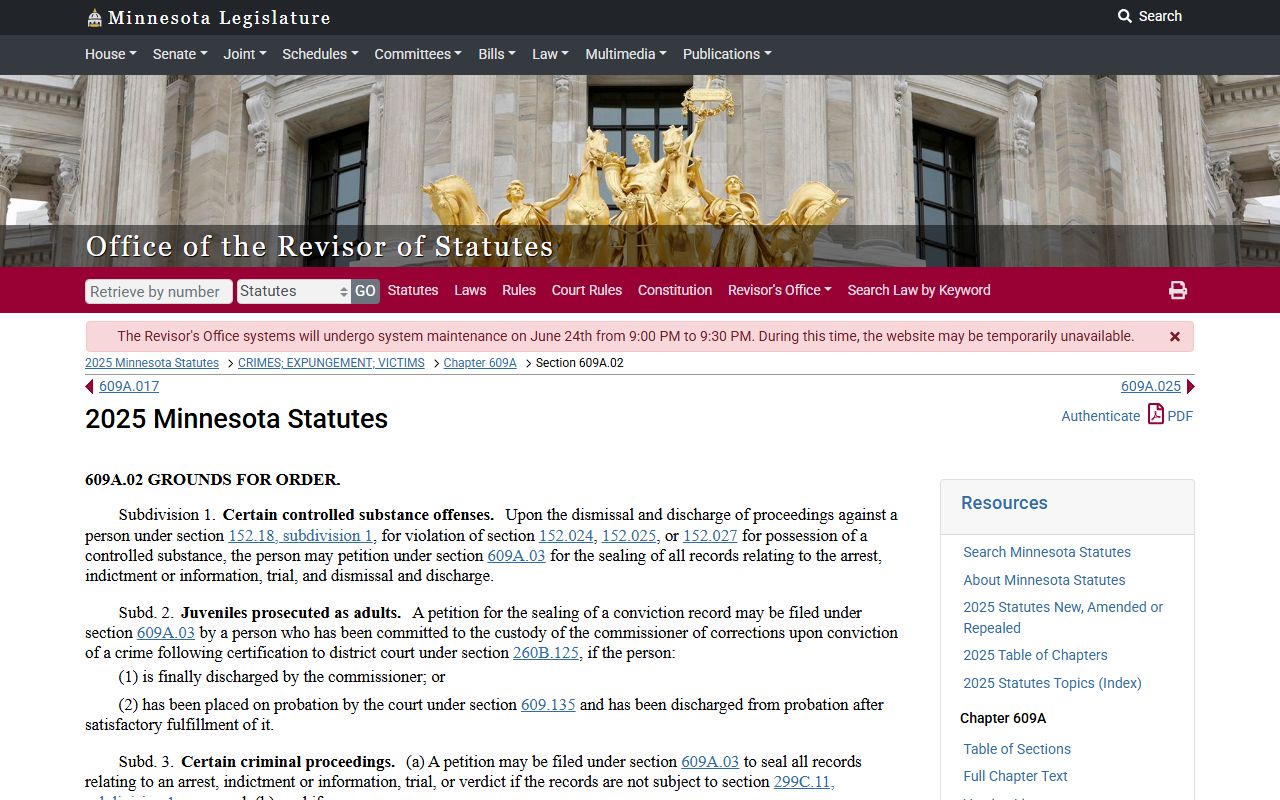 Houston County criminal court records Minnesota expungement eligibility statute