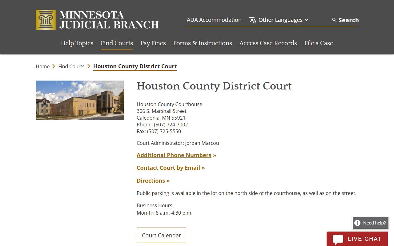 Houston County official court page entry for Court Administration and court links