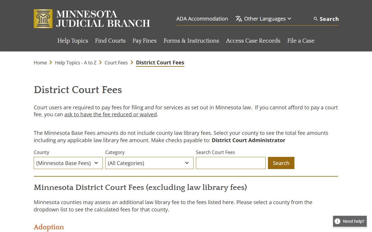 Houston County probate records Minnesota district court fee schedule